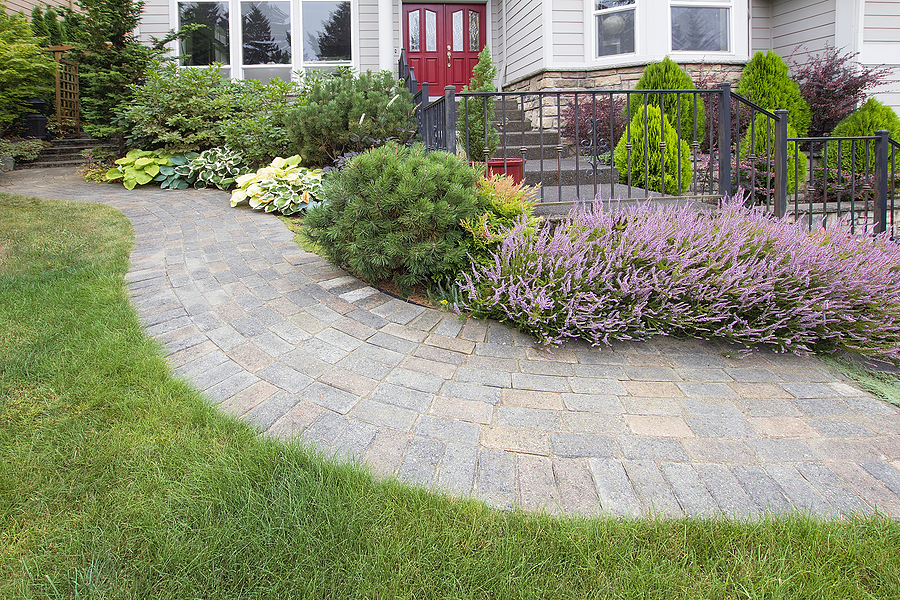 Image of a beautifully landscaped front yard featuring a curved stone paver walkway, lush green lawn, vibrant flowering plants, and manicured shrubs leading to a red front door and steps with black iron railings.